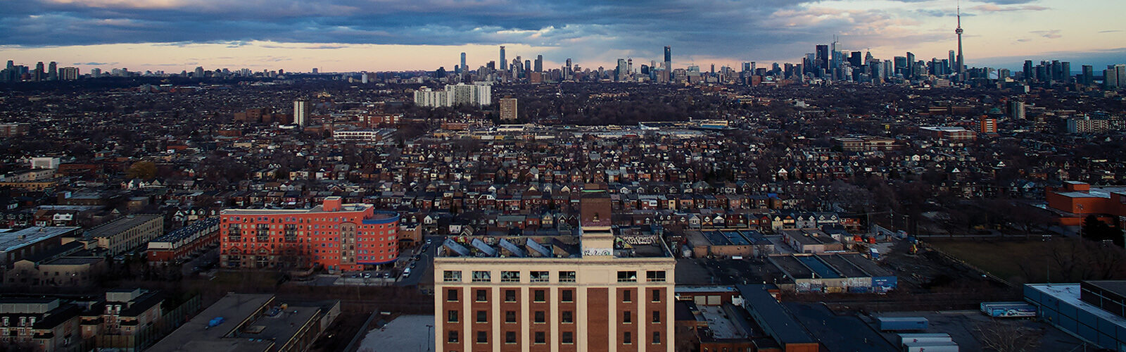 Aerial view of Toronto taken from the west end of the city, overlooking the downtown core.