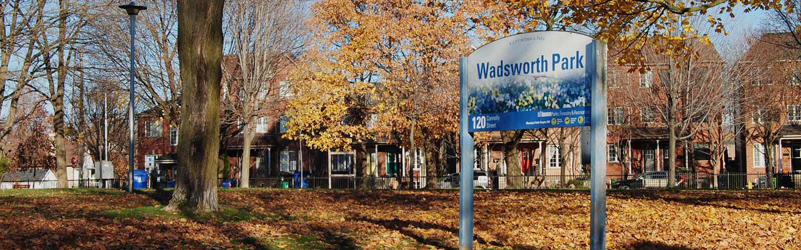 Park sign for Wadsworth Park. The ground is covered in colourful fall leaves that have fallen from the surrounding trees and there are houses in the background.