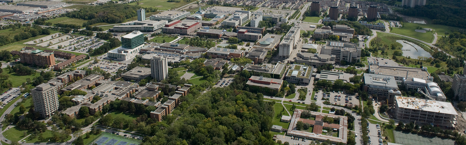Aerial view of York University and the surrounding residential neighbourhoods.